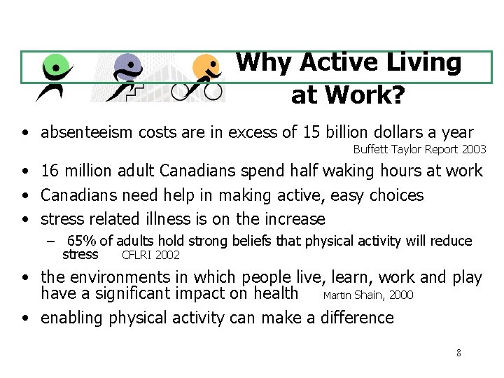 Why Active Living at Work? • absenteeism costs are in excess of 15 billion