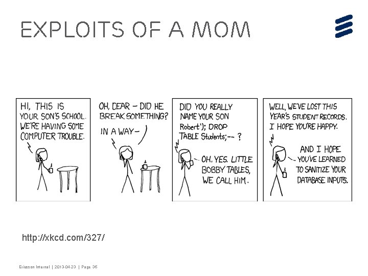 Exploits of a Mom http: //xkcd. com/327/ Ericsson Internal | 2013 -04 -23 |