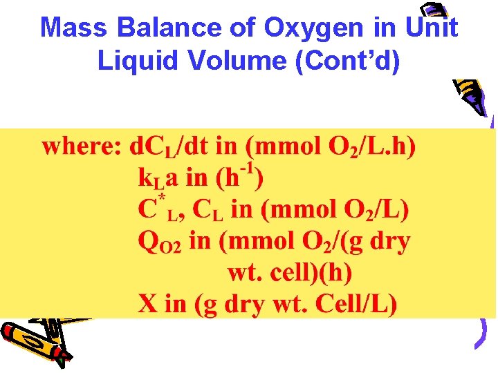 Mass Balance of Oxygen in Unit Liquid Volume (Cont’d) 