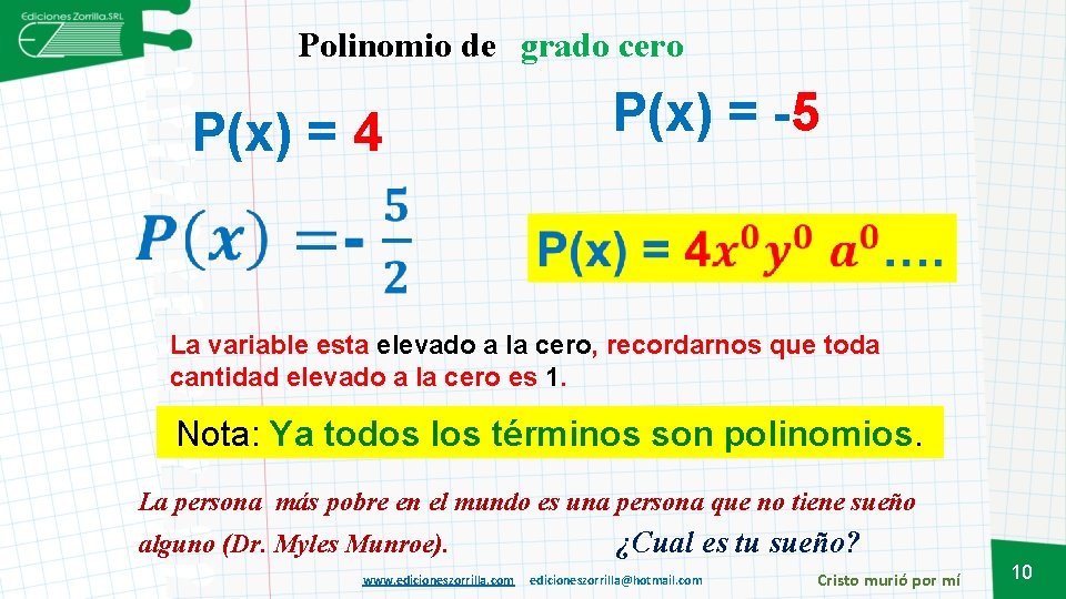 Polinomio de grado cero P(x) = -5 P(x) = 4 La variable esta elevado