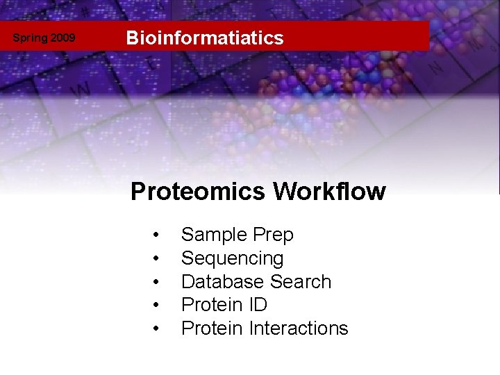 Spring 2009 Bioinformatiatics workflow Proteomics Workflow • • • Sample Prep Sequencing Database Search