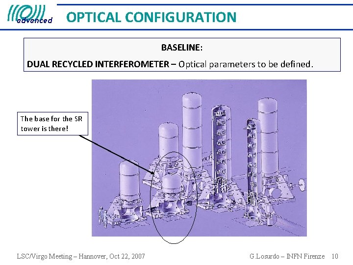 advanced OPTICAL CONFIGURATION BASELINE: DUAL RECYCLED INTERFEROMETER – Optical parameters to be defined. The