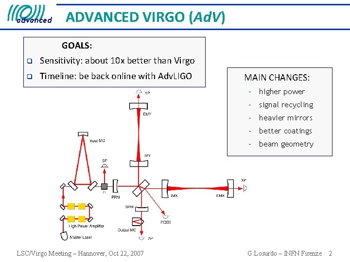 advanced ADVANCED VIRGO (Ad. V) GOALS: q Sensitivity: about 10 x better than Virgo