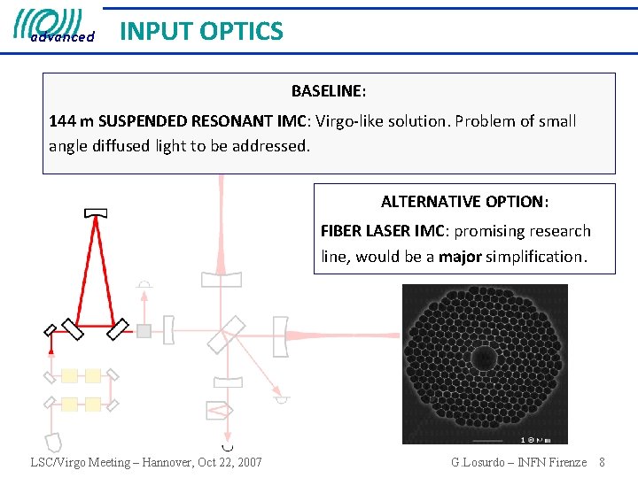 advanced INPUT OPTICS BASELINE: 144 m SUSPENDED RESONANT IMC: Virgo-like solution. Problem of small