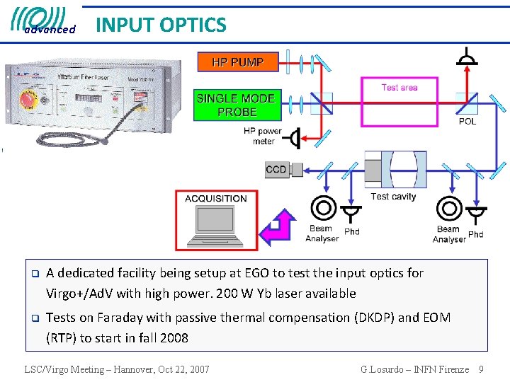 advanced INPUT OPTICS q A dedicated facility being setup at EGO to test the