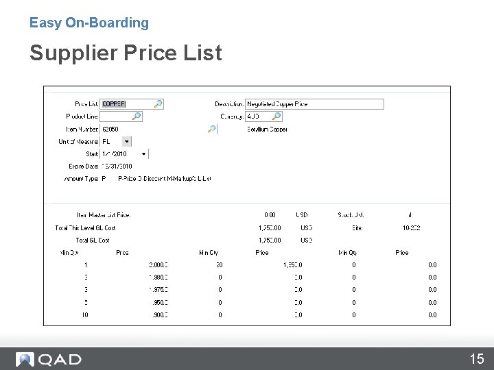 Easy On-Boarding Supplier Price List 15 