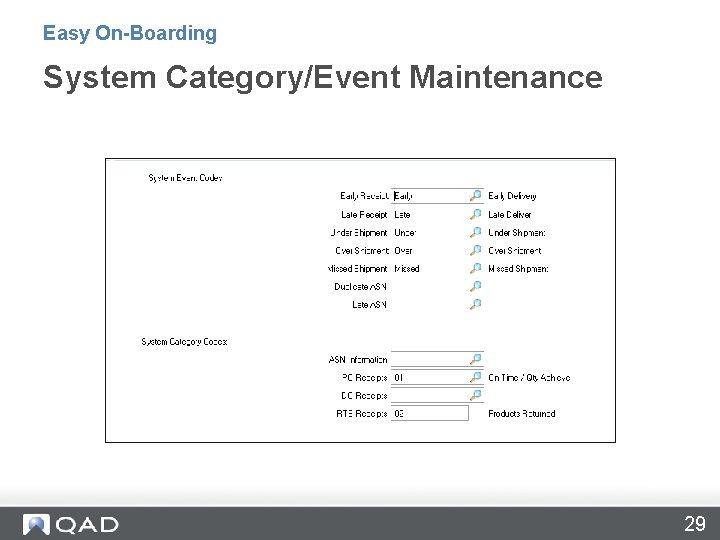 Easy On-Boarding System Category/Event Maintenance 29 