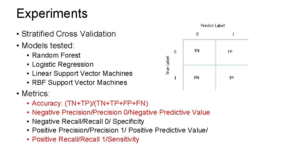 Experiments • Stratified Cross Validation • Models tested: • • Random Forest Logistic Regression Experiments • Stratified Cross Validation • Models tested: • • Random Forest Logistic Regression