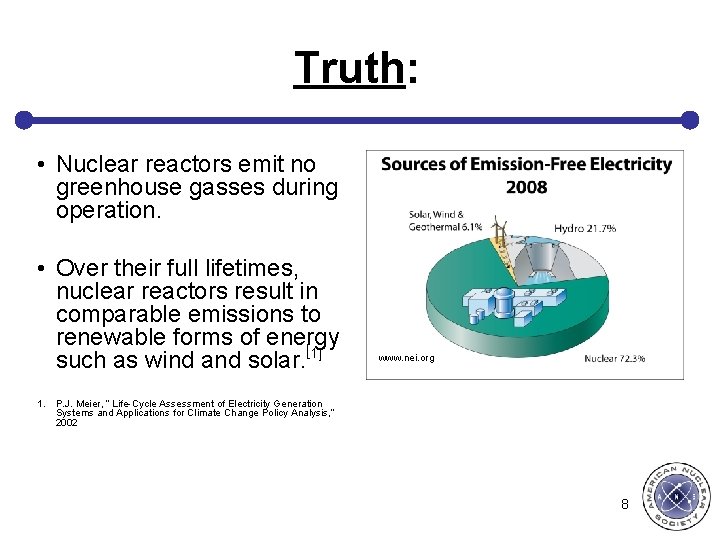 Truth: • Nuclear reactors emit no greenhouse gasses during operation. • Over their full