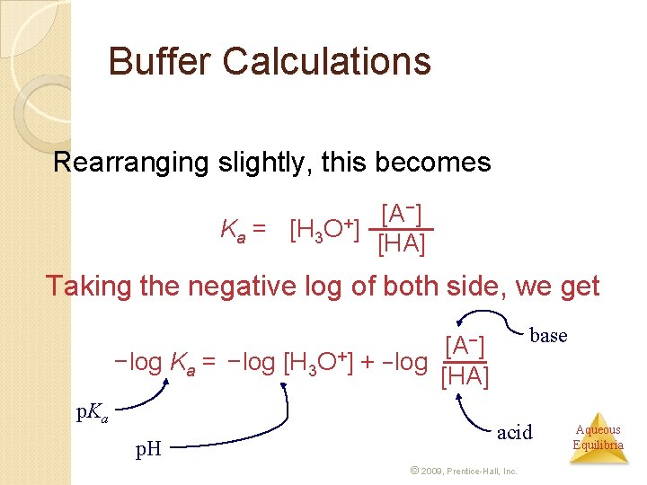 Buffer Calculations Rearranging slightly, this becomes −] [A Ka = [H 3 O+] [HA]