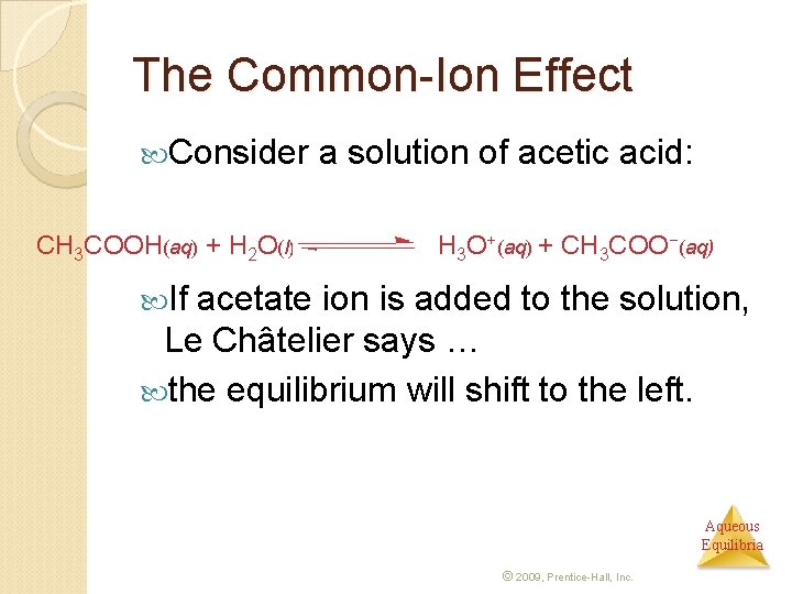 The Common-Ion Effect Consider CH 3 COOH(aq) + H 2 O(l) a solution of
