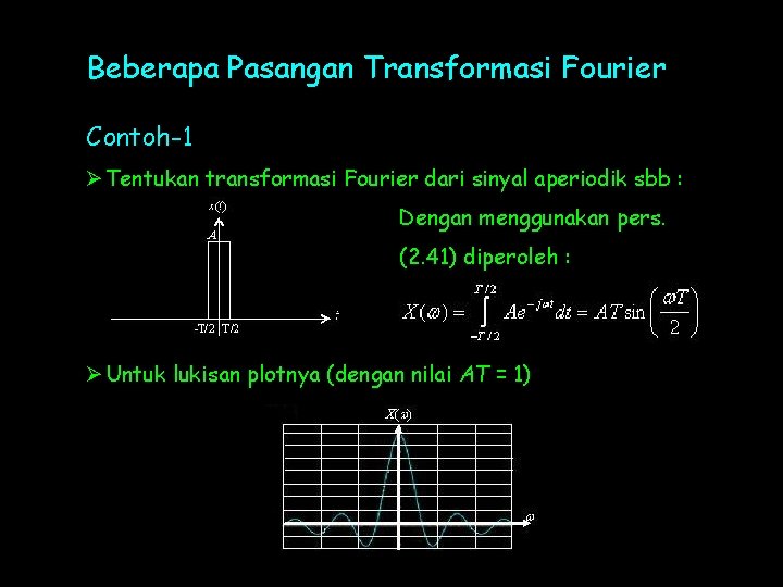 Beberapa Pasangan Transformasi Fourier Contoh-1 Ø Tentukan transformasi Fourier dari sinyal aperiodik sbb :