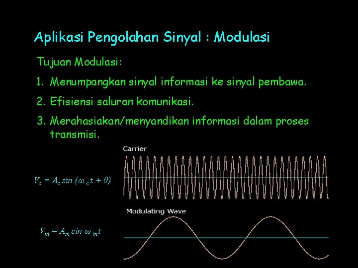 Aplikasi Pengolahan Sinyal : Modulasi Tujuan Modulasi: 1. Menumpangkan sinyal informasi ke sinyal pembawa.