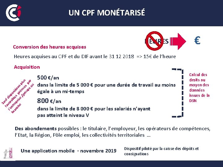 UN CPF MONÉTARISÉ Conversion des heures acquises HEURES € Heures acquises au CPF et