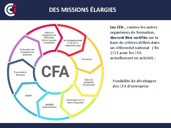 DES MISSIONS ÉLARGIES Les CFA , comme les autres organismes de formation, devront être DES MISSIONS ÉLARGIES Les CFA , comme les autres organismes de formation, devront être