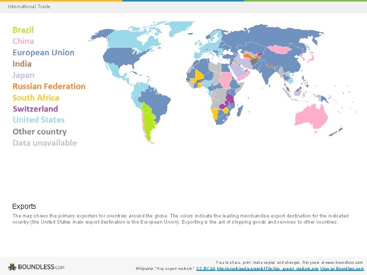 International Trade Exports The map shows the primary exporters for countries around the globe.