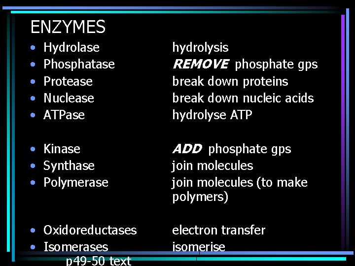 ENZYMES • • • Hydrolase Phosphatase Protease Nuclease ATPase hydrolysis REMOVE phosphate gps break