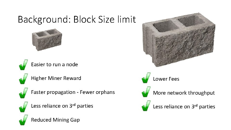 Background: Block Size limit Easier to run a node Higher Miner Reward Lower Fees