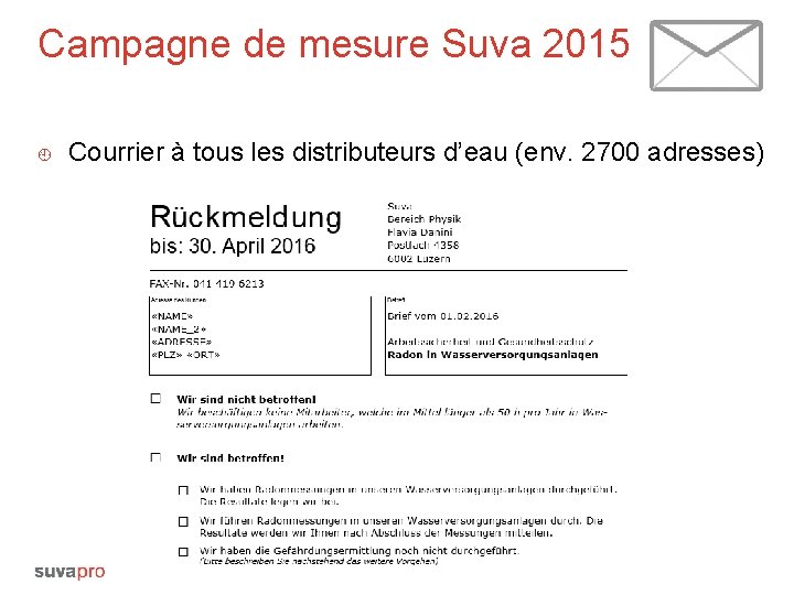 Campagne de mesure Suva 2015 ¿ Courrier à tous les distributeurs d’eau (env. 2700