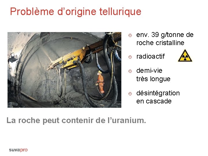 Problème d’origine tellurique ¿ ¿ env. 39 g/tonne de roche cristalline radioactif demi-vie très