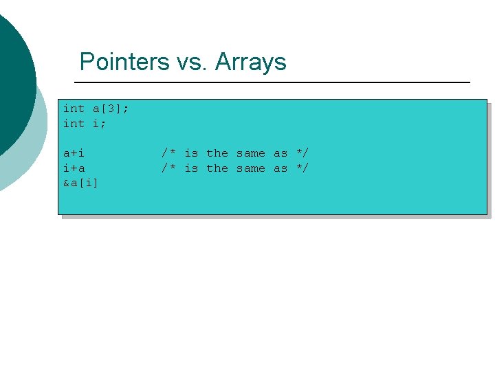 Pointers vs. Arrays int a[3]; int i; a+i i+a &a[i] /* is the same