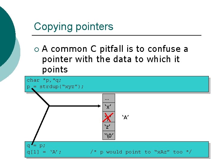 Copying pointers ¡ A common C pitfall is to confuse a pointer with the