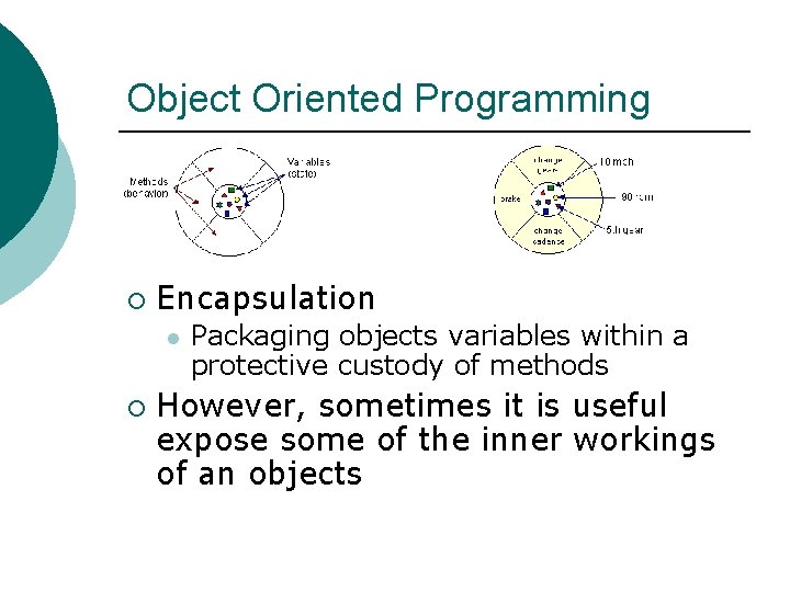 Object Oriented Programming ¡ Encapsulation l ¡ Packaging objects variables within a protective custody