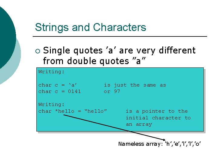 Strings and Characters ¡ Single quotes ’a’ are very different from double quotes ”a”