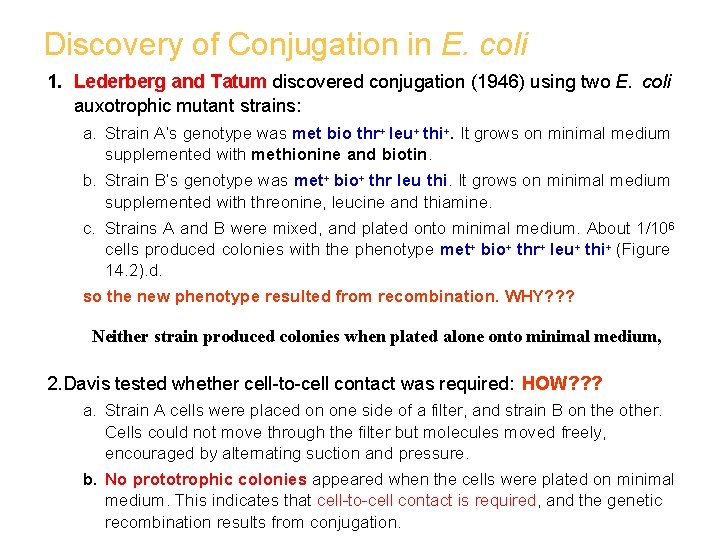Discovery of Conjugation in E. coli 1. Lederberg and Tatum discovered conjugation (1946) using