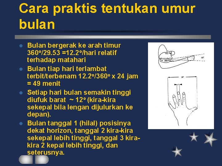 Cara praktis tentukan umur bulan Bulan bergerak ke arah timur 360 o/29. 53 =12.