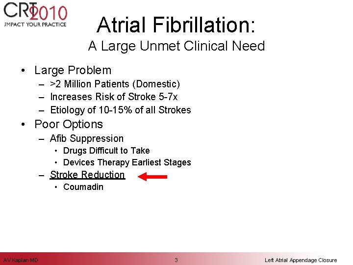 Atrial Fibrillation: A Large Unmet Clinical Need • Large Problem – >2 Million Patients