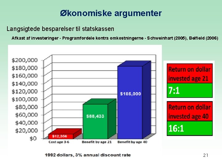 Økonomiske argumenter Langsigtede besparelser til statskassen Afkast af investeringer - Programfordele kontra omkostningerne -