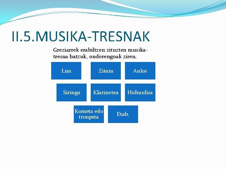 II. 5. MUSIKA-TRESNAK Greziarrek erabiltzen zituzten musikatresna batzuk, ondorengoak ziren. Lira Siringa Zitara Aulos