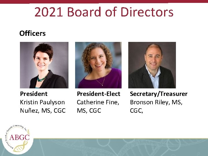 2021 Board of Directors Officers President Kristin Paulyson Nuñez, MS, CGC President-Elect Catherine Fine,