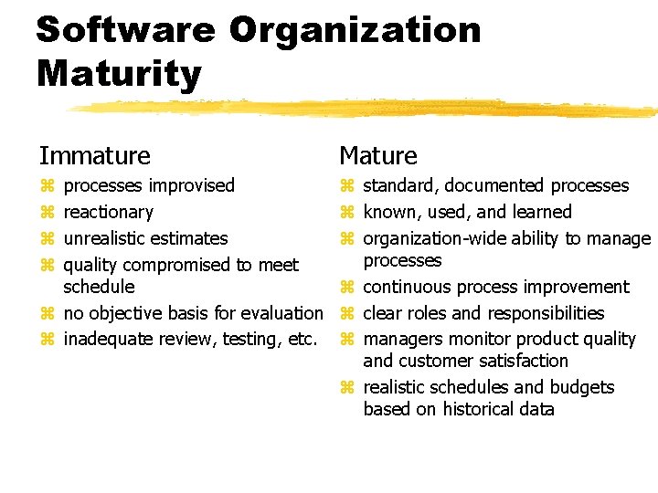 Software Organization Maturity Immature Mature processes improvised reactionary unrealistic estimates quality compromised to meet