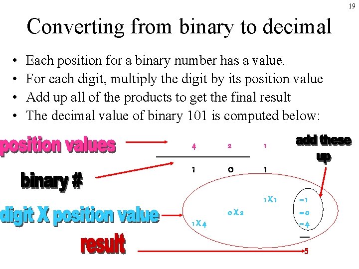 19 Converting from binary to decimal • • Each position for a binary number