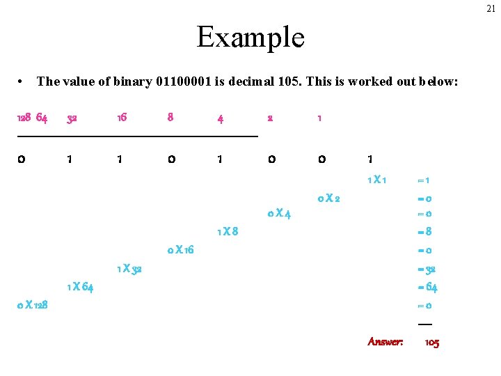 21 Example • The value of binary 01100001 is decimal 105. This is worked