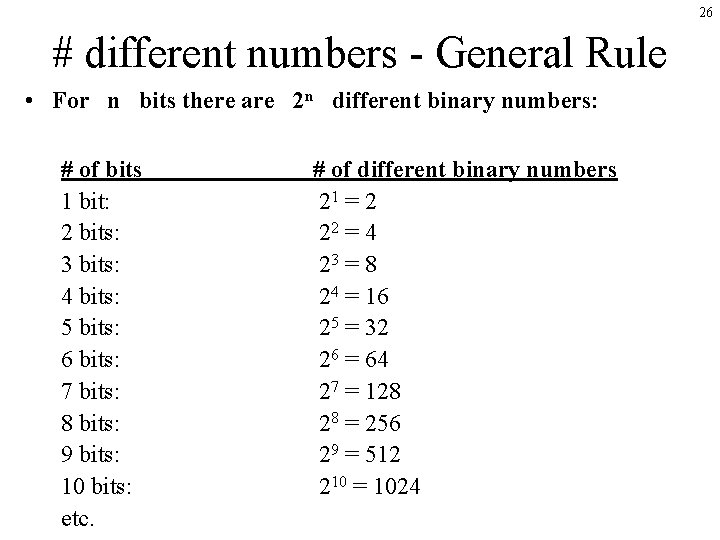 26 # different numbers - General Rule • For n bits there are 2