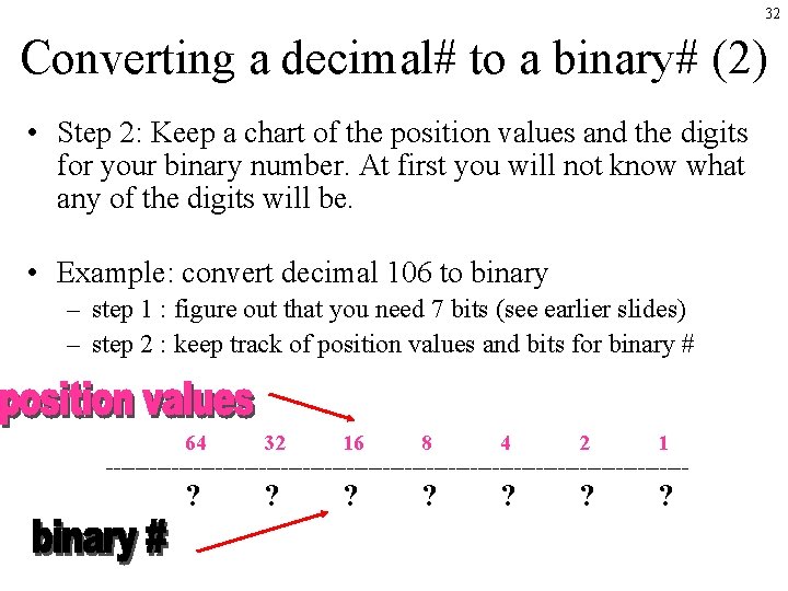 32 Converting a decimal# to a binary# (2) • Step 2: Keep a chart