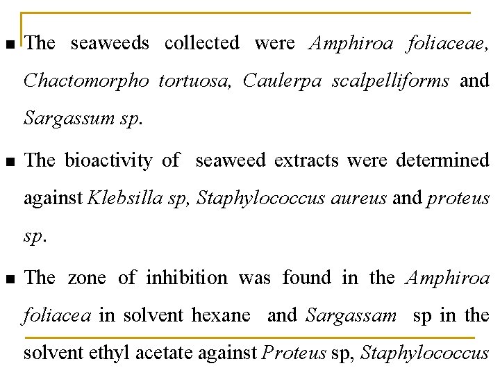 n The seaweeds collected were Amphiroa foliaceae, Chactomorpho tortuosa, Caulerpa scalpelliforms and Sargassum sp. n The seaweeds collected were Amphiroa foliaceae, Chactomorpho tortuosa, Caulerpa scalpelliforms and Sargassum sp.