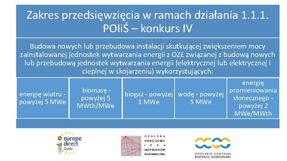 Zakres przedsięwzięcia w ramach działania 1. 1. 1. POIiŚ – konkurs IV Budowa nowych