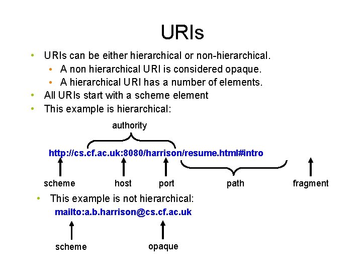 URIs • URIs can be either hierarchical or non-hierarchical. • A non hierarchical URI