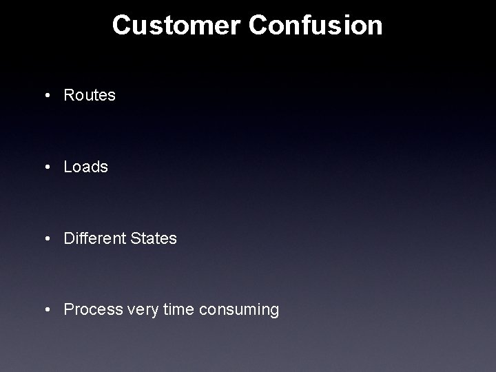 Customer Confusion • Routes • Loads • Different States • Process very time consuming