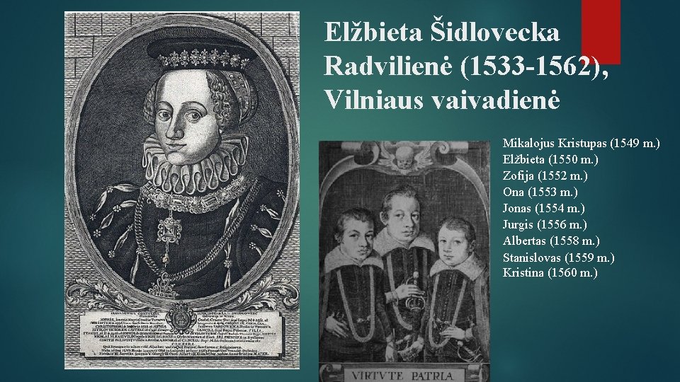 Elžbieta Šidlovecka Radvilienė (1533 -1562), Vilniaus vaivadienė Mikalojus Kristupas (1549 m. ) Elžbieta (1550
