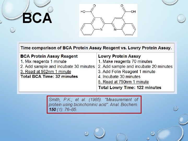 BCA Smith, P. K. ; et al. (1985). "Measurement of protein using bicinchoninic acid".