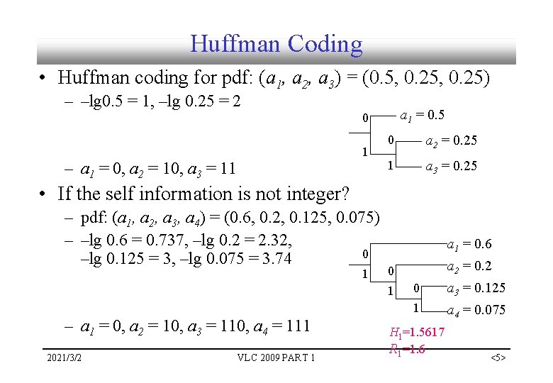 Huffman Coding • Huffman coding for pdf: (a 1, a 2, a 3) = Huffman Coding • Huffman coding for pdf: (a 1, a 2, a 3) =