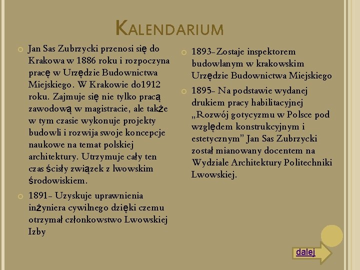 KALENDARIUM Jan Sas Zubrzycki przenosi się do Krakowa w 1886 roku i rozpoczyna pracę