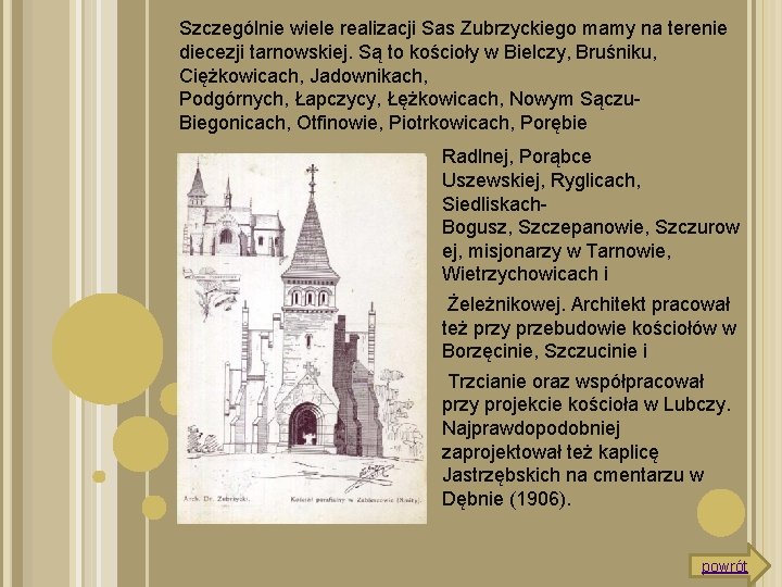 Szczególnie wiele realizacji Sas Zubrzyckiego mamy na terenie diecezji tarnowskiej. Są to kościoły w