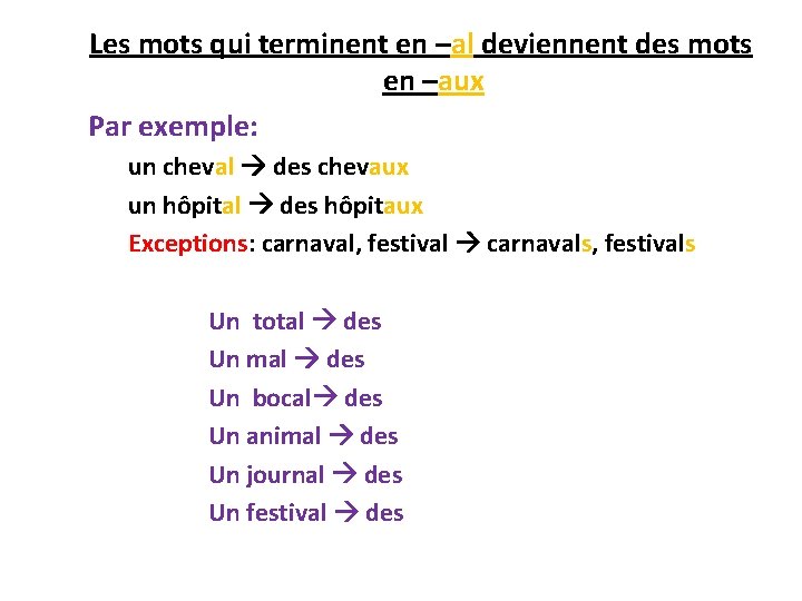 Les mots qui terminent en –al deviennent des mots en –aux Par exemple: un