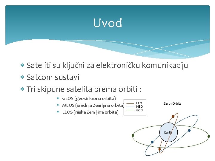 Uvod Sateliti su ključni za elektroničku komunikaciju Satcom sustavi Tri skipune satelita prema orbiti